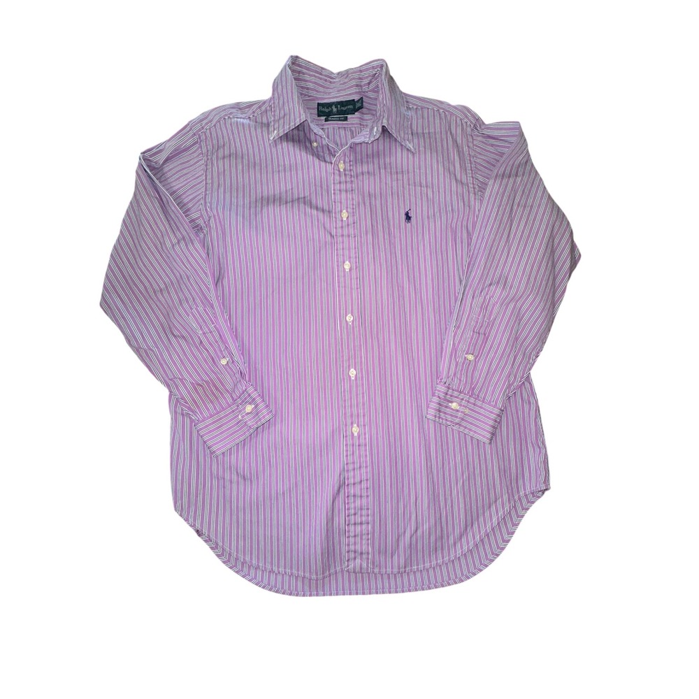 Ralph Lauren Mens Classic Fit Striped Button Down Shirt Purple White 16.5 32/33